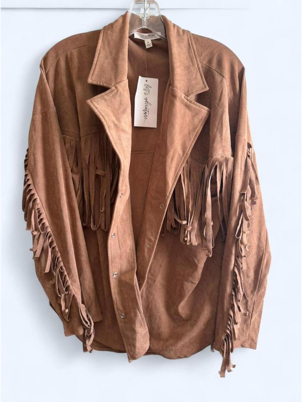 12th Tribe tan thin fringe jacket with zipper closure - Picture 5 of 5